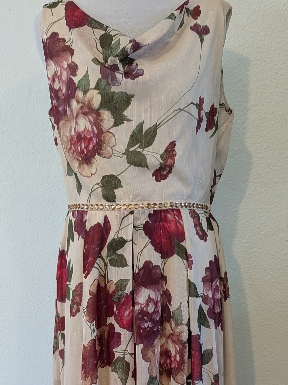Sleeveless Floral Maxi Dress in Cream and Burgundy with Jeweled Waist